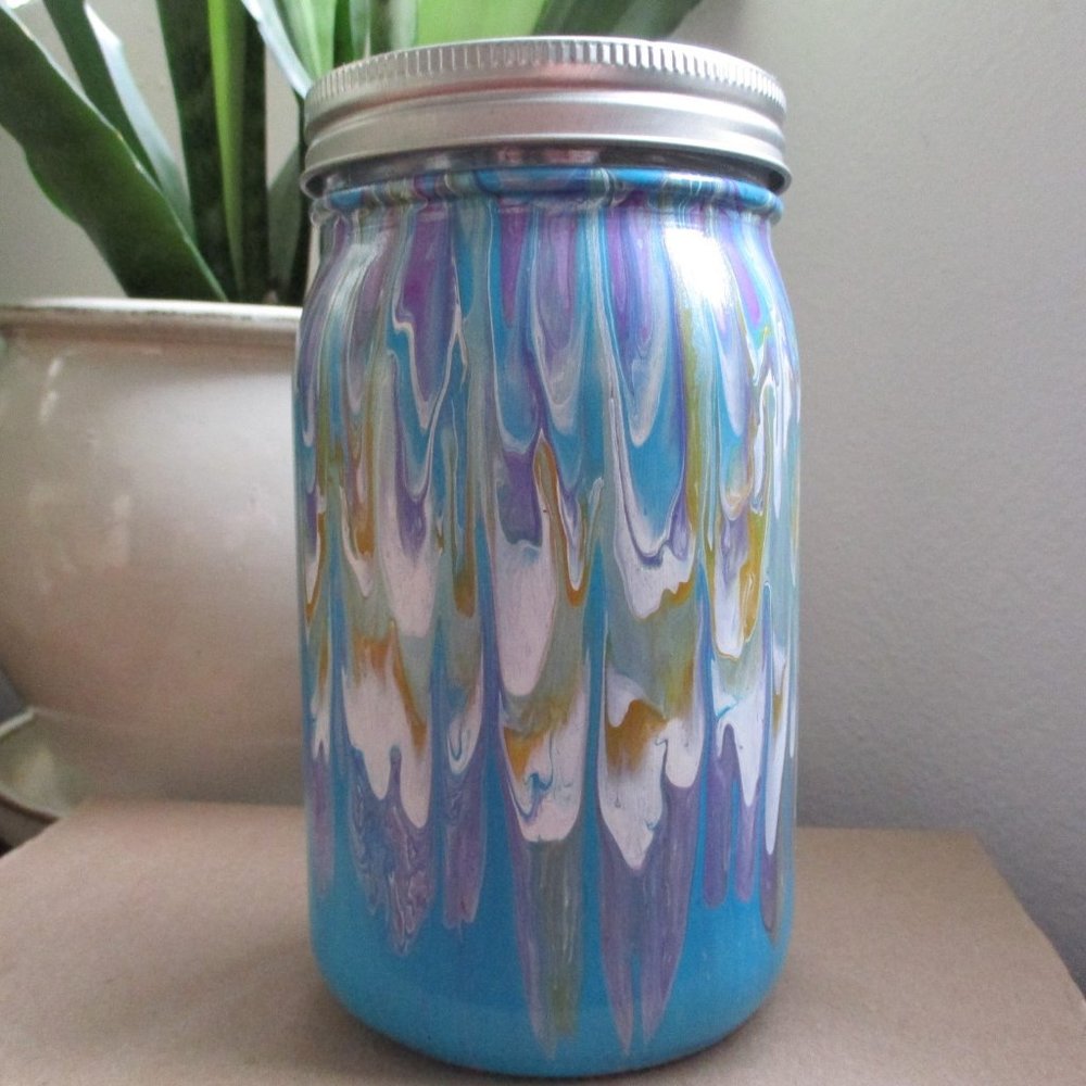 Original Fluid Pour Paint Technique Decorative Storage Jar Quart Peacock Pattern